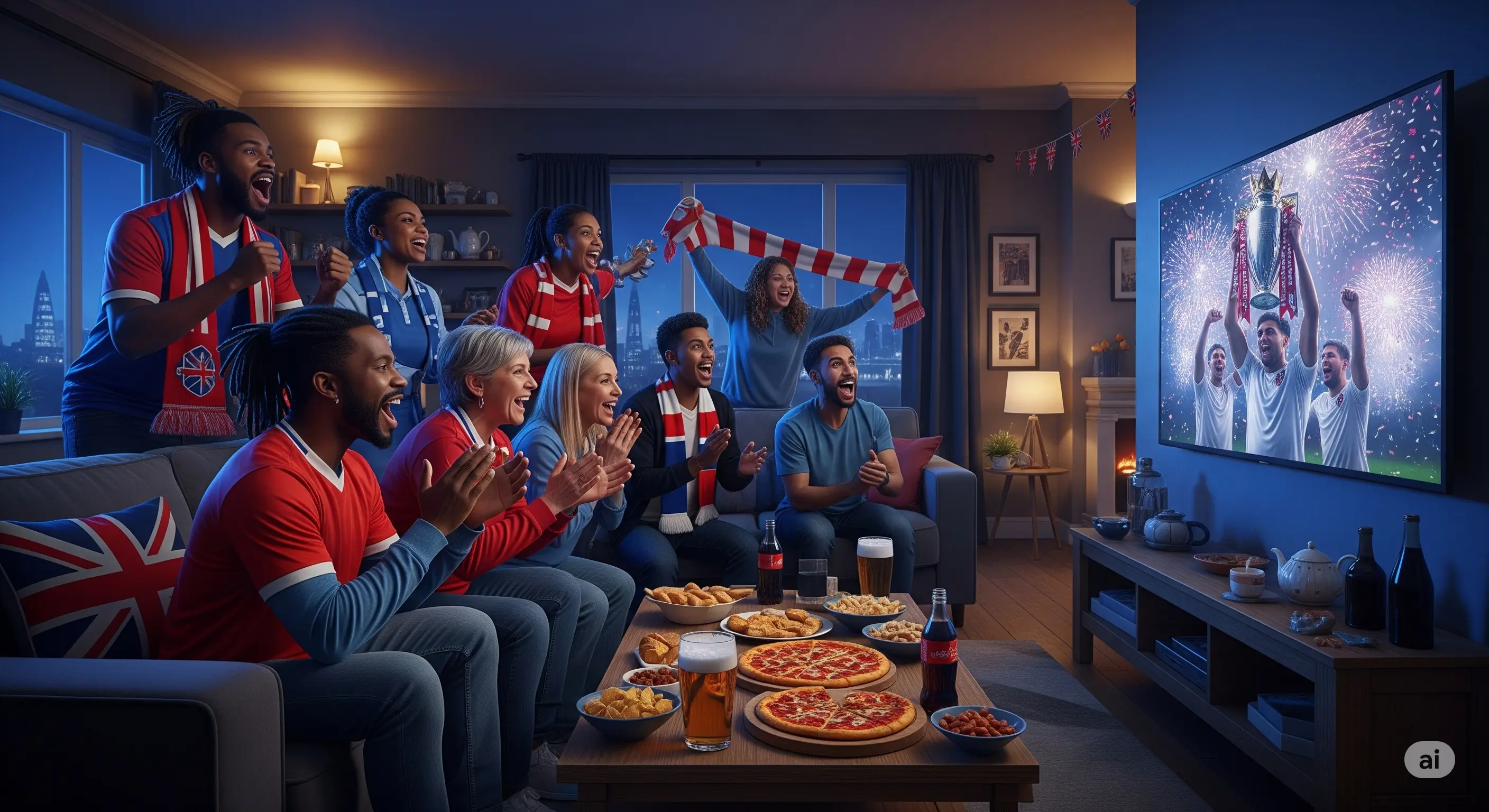 Football fans celebrating a Premier League win together on a big screen at home with IPTV Main